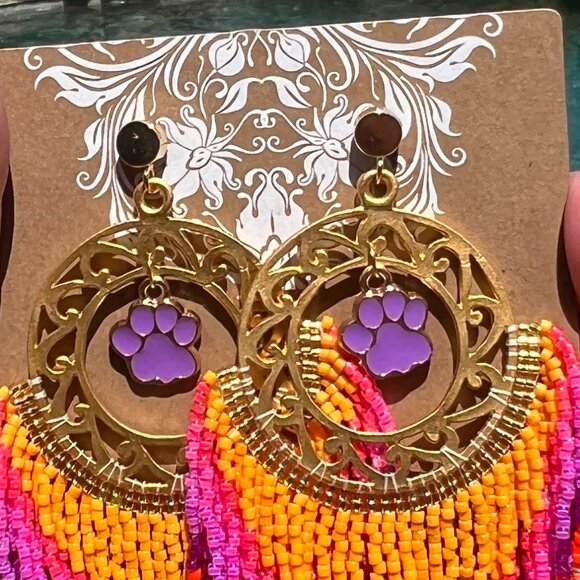 Handmade Beaded Long Fringe Paw Love Dangle Drop Lightweight Post Hoop Earrings - Picture 4 of 10